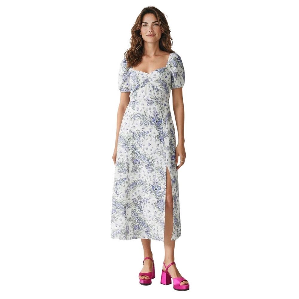& Other Stories Blue White Floral Puff Sleeve Linen Midi Dress-size 12